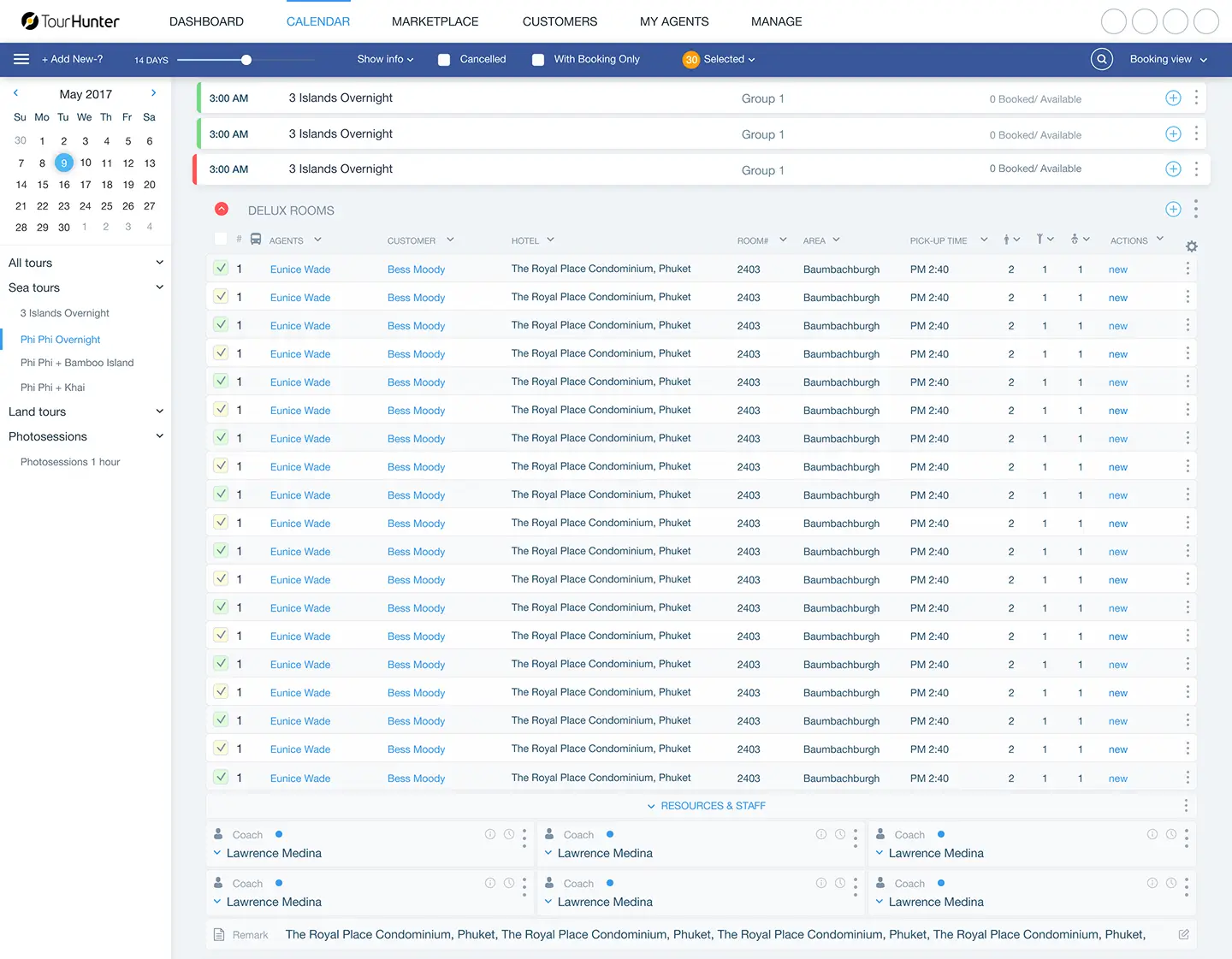 Screenshot of TourHunter tour booking platform calendar